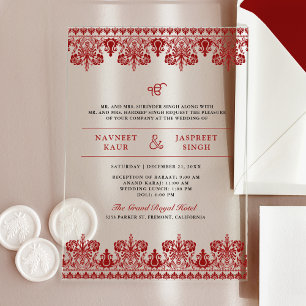 Red Damask Border Anand Karaj Sikh Wedding Acrylic Invitations