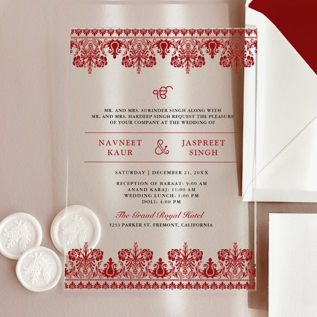Red Damask Border Anand Karaj Sikh Wedding Acrylic Invitations (Creator Uploaded)