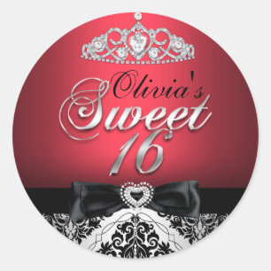 Red Damask & Bow Sweet Sixteen Sticker