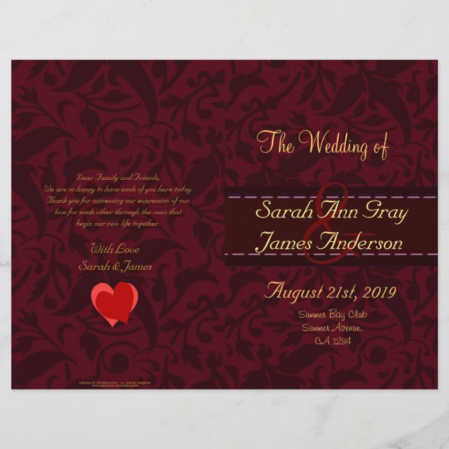Red damask brocade wedding program (Front)