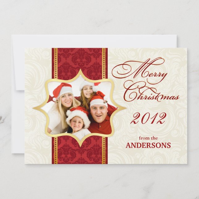 Red Damask Christmas Photo Flat Card (Front)