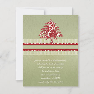 Red Damask Christmas Wood Grain Tree Invite