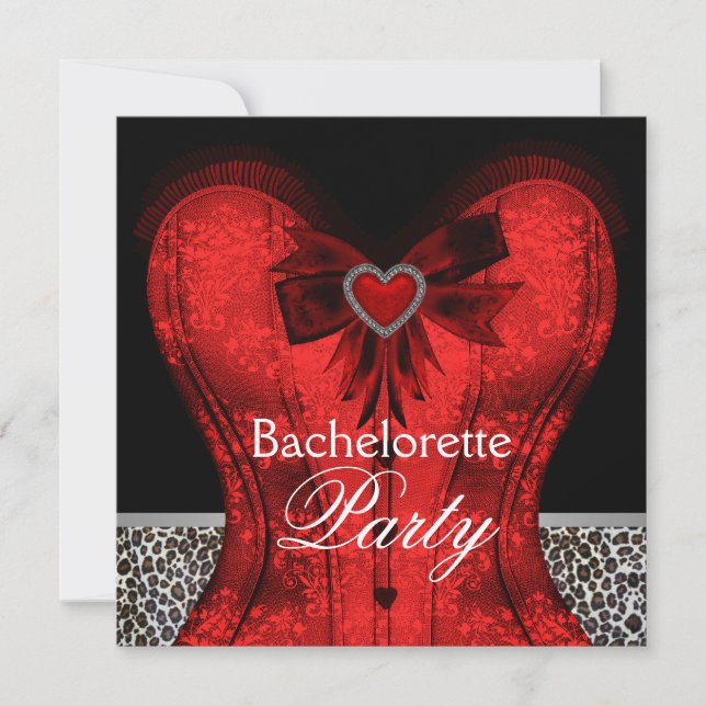 Red Damask Corset Leopard Bachelorette Party Invitation (Front)