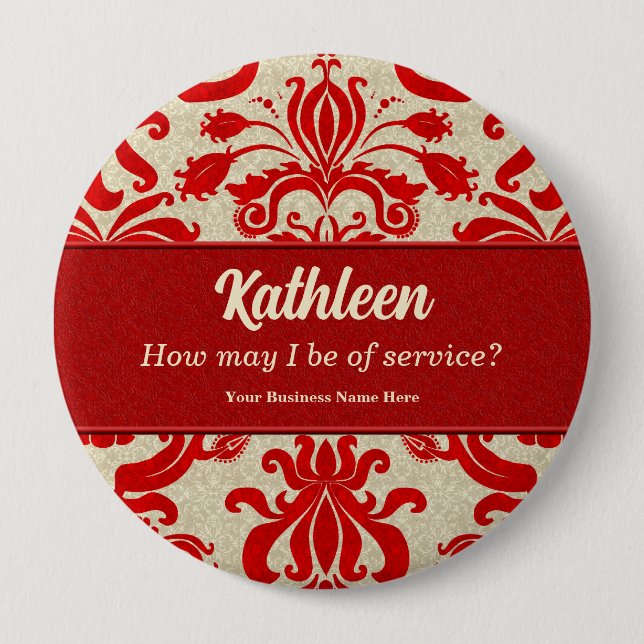 Red Damask Employee Name for Business 10 Cm Round Badge (Front)