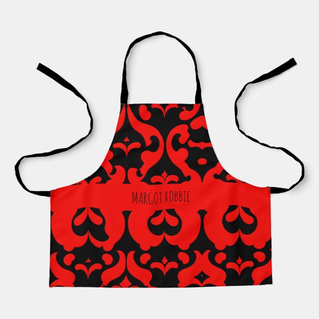 Red Damask Flowers Botanical Pattern Apron (Front)