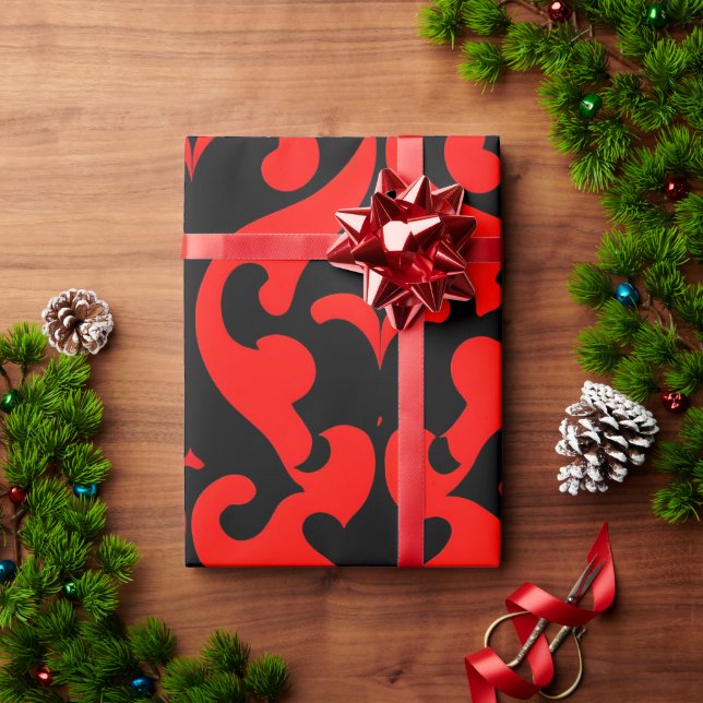 Red Damask Flowers Botanical Pattern Wrapping Paper (Holiday Gift)