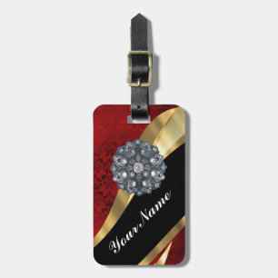 Red damask & gold luggage tag