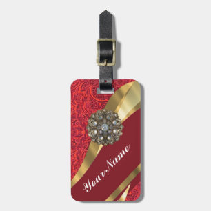 Red damask & gold swirl luggage tag
