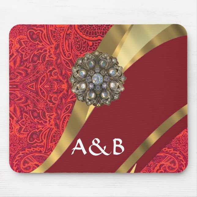 Red damask & gold swirl mouse mat (Front)