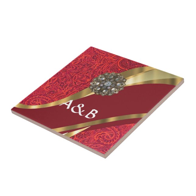 Red damask & gold swirl tile (Side)