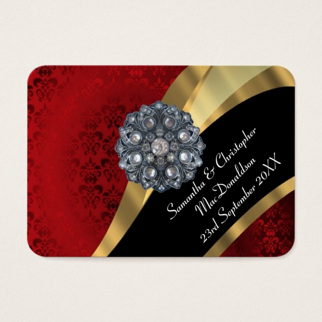 Red damask, gold wedding favour thank you tag (Front)