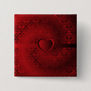 Red damask heart 15 cm square badge