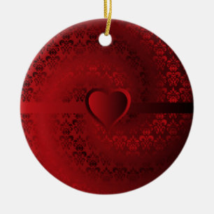 Red damask heart ceramic tree decoration