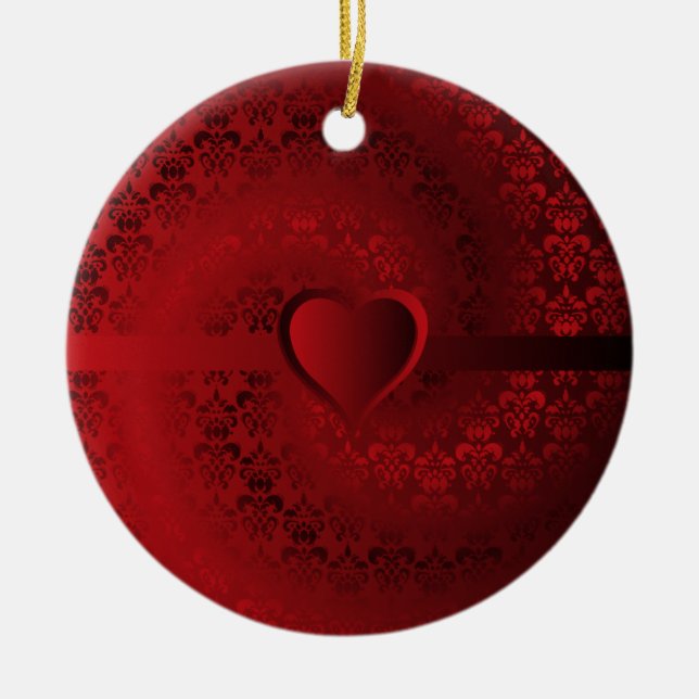 Red damask heart ceramic tree decoration (Front)