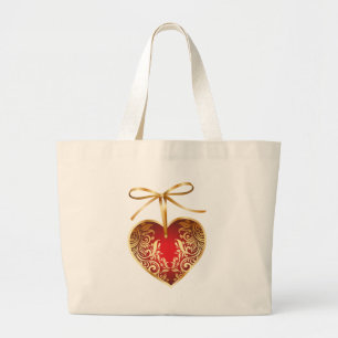Red Damask Heart Large Tote Bag