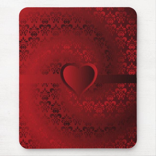 Red damask heart mouse mat (Front)