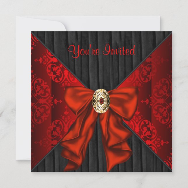Red Damask Holiday Black Tie Party Invitation (Front)