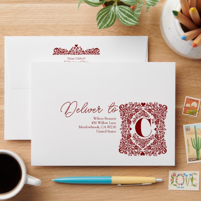 Red Damask Initial C Modern Envelope (Desk)