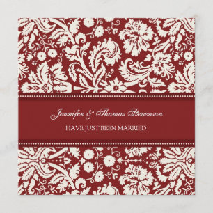 Red Damask Just Married Announcement Cards