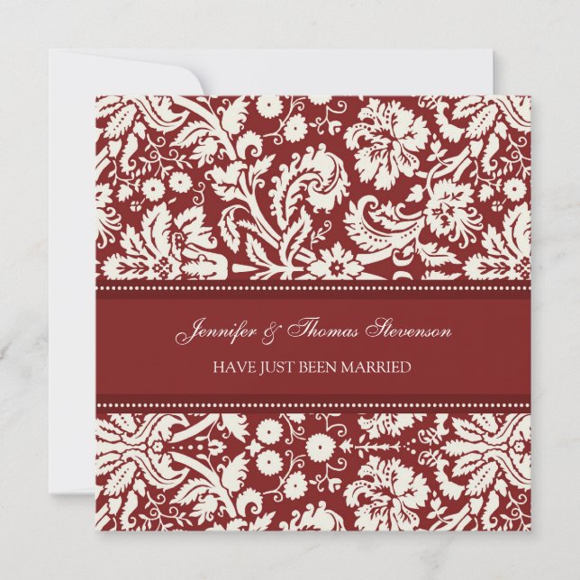Red Damask Just Married Announcement Cards (Front)