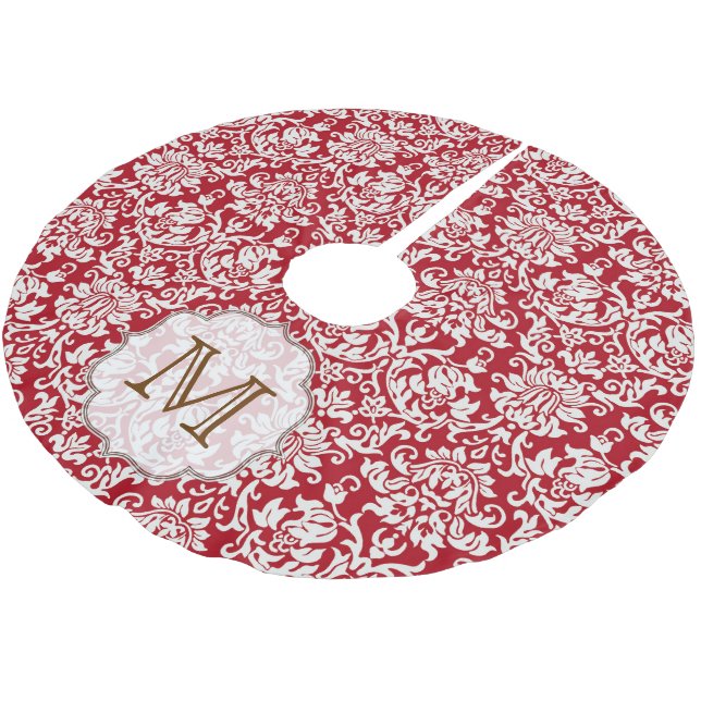 Red Damask Lace Print Monogram Initial Tree Skirt (Angled)