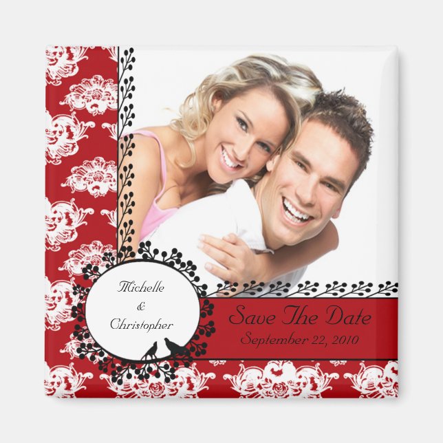 Red Damask Love Birds Photo Save The Date Magnet (Front)