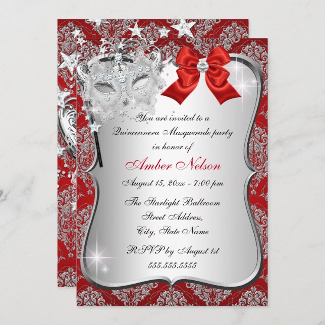Red Damask Mask Quinceanera Masquerade Invite (Front/Back)