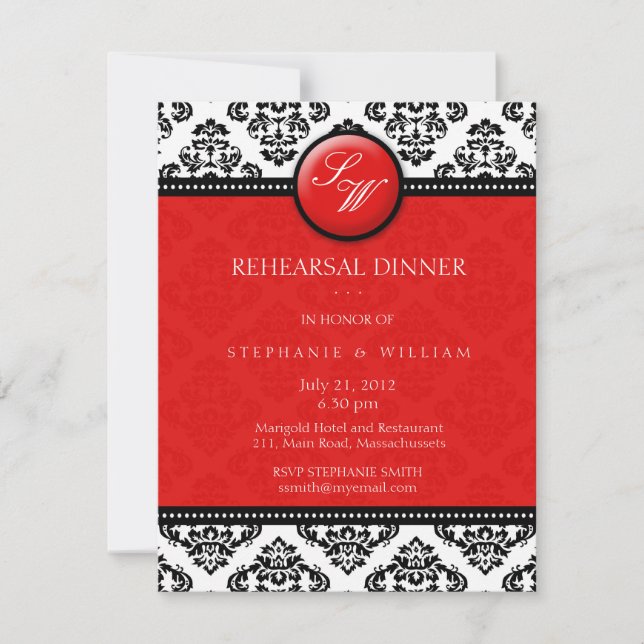 Red Damask Monogram Rehearsal Dinner Card (Front)