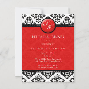 Red Damask Monogram Rehearsal Dinner Card