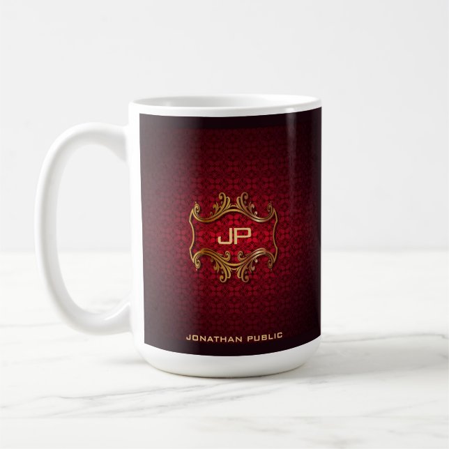Red Damask Monogrammed Template Classic Elegant Coffee Mug (Left)