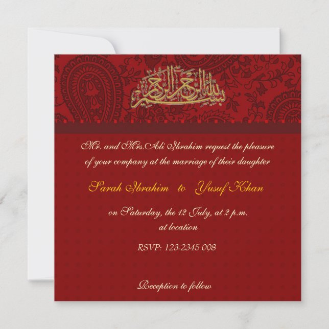 Red Damask Muslim wedding Invitation (Front)