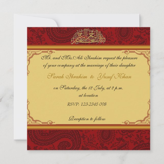 Red Damask Muslim wedding Invitation (Front)