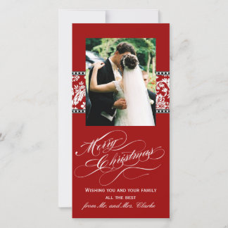 Red Damask Newly Weds First Christmas Photo Card
