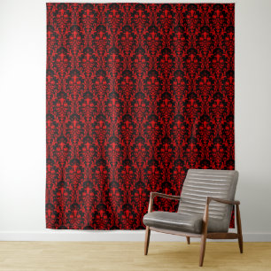 Red Damask on Black Floral Chic Elegant Backdrop Tapestry