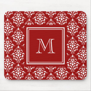 Red Damask Pattern 1 with Monogram Mouse Mat