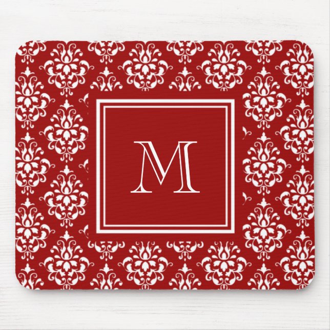 Red Damask Pattern 1 with Monogram Mouse Mat (Front)