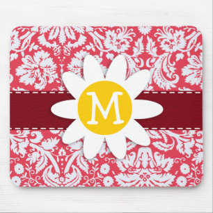 Red Damask Pattern; Daisy Mouse Mat