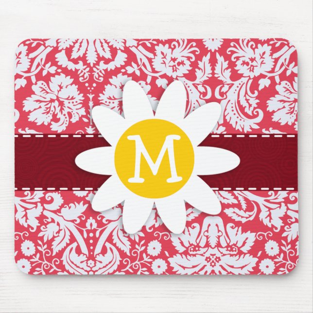 Red Damask Pattern; Daisy Mouse Mat (Front)