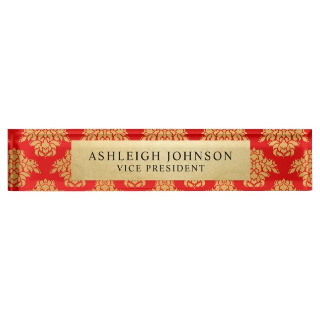 Red Damask Pattern Faux Gold Foil Elegant Nameplate (Front)