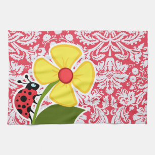 Red Damask Pattern; Ladybug Tea Towel