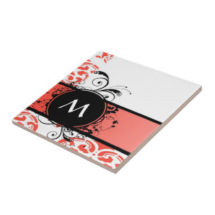 Red damask pattern monogram tile