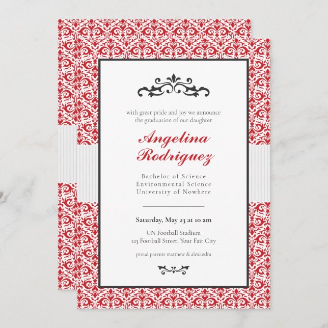 Red Damask Pattern Photo Graduation Invitation (Front/Back)