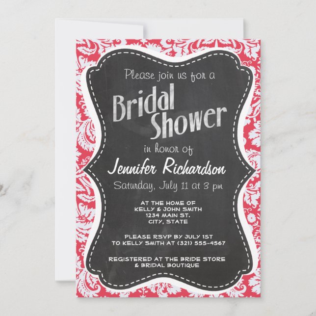 Red Damask Pattern; Vintage Chalkboard Invitation (Front)
