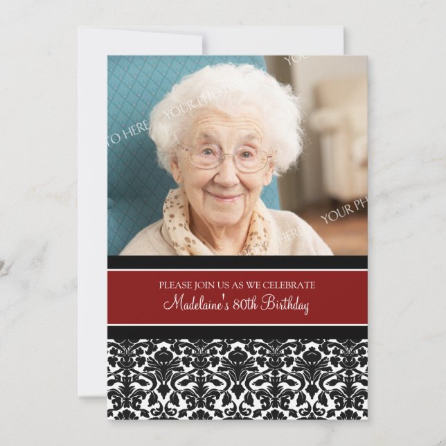 Red Damask Photo 80th Birthday Party Invitations (Front)
