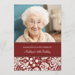 Red Damask Photo 90th Birthday Party Invitations