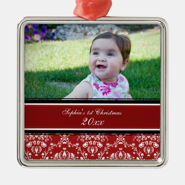 Red Damask Photo Baby's 1st Christmas Ornament (Front)