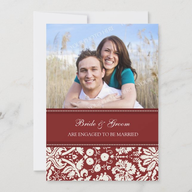 Red Damask Photo Engagement Party Invitations (Back)