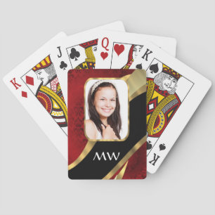 Red damask photo template playing cards