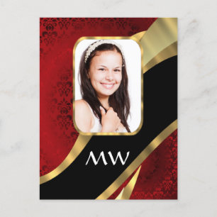 Red damask photo template postcard
