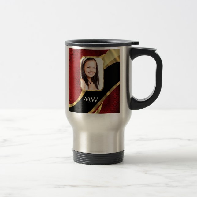 Red damask photo template travel mug (Right)
